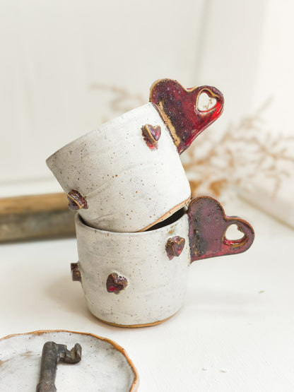 Ceramic coffee or tea mug with a 3D hearts and heart-shaped handle